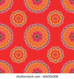 Vector illustration. Damask seamless background pattern in violet, yellow and pink colors.