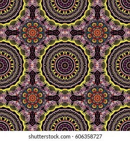 Vector illustration. Damask seamless background pattern in orange and pink colors.
