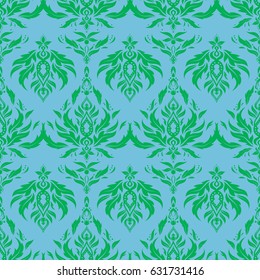 Vector illustration. Damask seamless background pattern in blue and green colors.