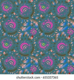 Vector illustration. Damask seamless background pattern in blue, red and green colors.