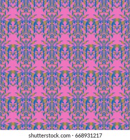 Vector illustration. Damask seamless background pattern in blue, yellow and pink colors.