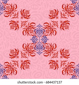 Vector illustration. Damask seamless background pattern in red, violet and orange colors.