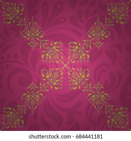 Vector illustration. Damask seamless background pattern in pink, yellow and violet colors.