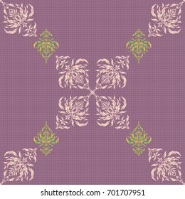 Vector illustration. Damask seamless background pattern in pink, yellow and violet colors.