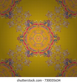 Vector illustration. Damask seamless background pattern in pink, yellow and beige colors.