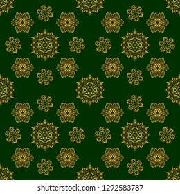 Vector illustration. Damask seamless doodle pattern on green background.