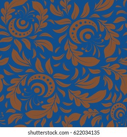 Vector illustration. Damask seamless doodle background pattern in brown and blue colors.