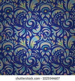 Vector illustration. Damask seamless floral background pattern in blue and gray colors.