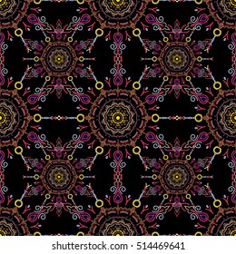 Vector illustration. Damask seamless floral background pattern in orange, blue and neutral colors.