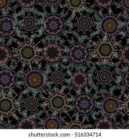 Vector illustration. Damask seamless floral pattern in neutral, brown and blue colors.