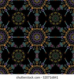 Vector illustration. Damask seamless floral pattern in yellow, blue and beige colors.