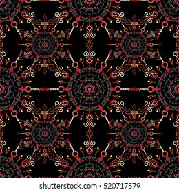 Vector illustration. Damask seamless floral pattern in orange, red and blue colors.