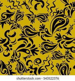 Vector illustration. Damask seamless floral background pattern in black and yellow colors.