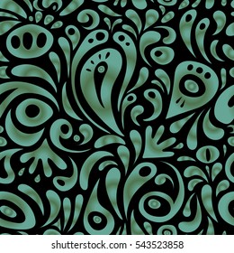 Vector illustration. Damask seamless floral pattern in green and blue colors.