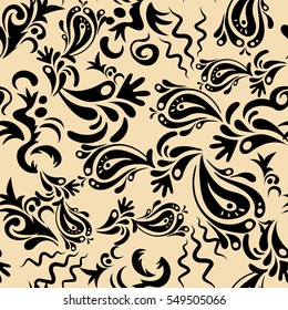 Vector illustration. Damask seamless floral background pattern in black and beige colors.