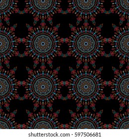 Vector illustration. Damask seamless floral background pattern in violet, blue and orange colors.