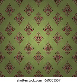 Vector illustration. Damask seamless floral pattern in green, pink and purple colors.