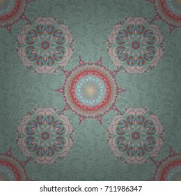 Vector illustration. Damask seamless floral background pattern in green and pink colors.