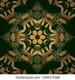 Vector illustration. Damask seamless pattern in golden and green colors.