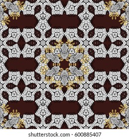 Vector illustration. Damask seamless pattern for design. Vector seamless pattern on brown background with golden elements and with white doodles.