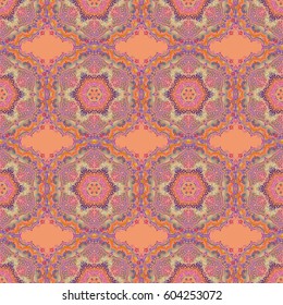 Vector illustration. Damask seamless pattern in orange, violet and yellow colors.