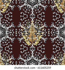 Vector illustration. Damask seamless pattern for design. Vector seamless pattern on brown background with golden elements and with white doodles.