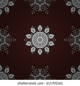 Vector illustration. Damask seamless pattern for design. Vector seamless pattern on brown background with golden elements and with white doodles.