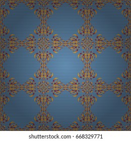 Vector illustration. Damask seamless pattern in blue, yellow and purple colors.