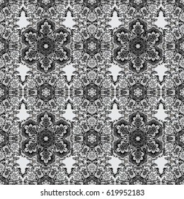 Vector illustration. Damask white abstract flower seamless pattern on gray background. Ornate decoration.