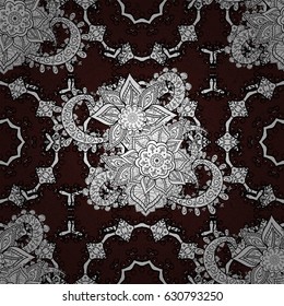 Vector illustration. Damask white abstract flower seamless pattern on brown background. Ornate decoration.