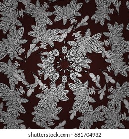 Vector illustration. Damask white abstract flower seamless pattern on brown background. Ornate decoration.