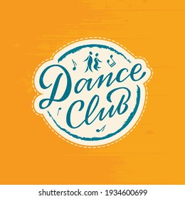Vector illustration of dance club lettering with a silhouette of a couple for logo, advertisement, business card, signage, poster, product design. Handwritten creative text for web or print
