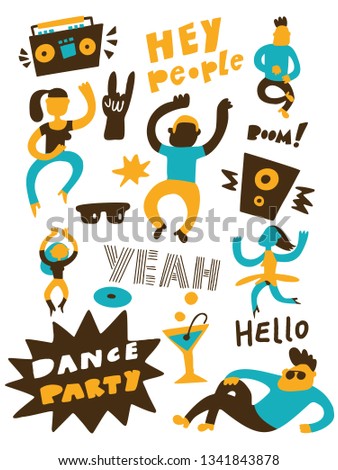 Vector illustration of dance party. Funny dancing people