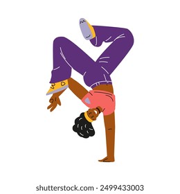 Vector illustration of a dancer performing breakdancing. Female Character in a dynamic one-arm stance demonstrating freestyle hip-hop dance moves. Street dancer with vibrant style. Flat style.