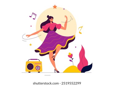 Vector Illustration of a Dancer Performing to Music in a Flat Style Cartoon Background