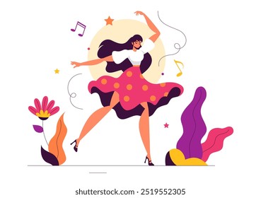 Vector Illustration of a Dancer Performing to Music in a Flat Style Cartoon Background