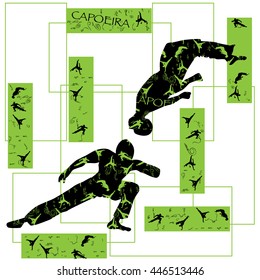 Vector illustration of the dancers of capoeira. Black and green colors. 