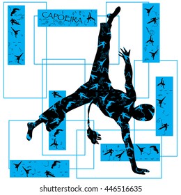 Vector illustration of the dancers of capoeira. Black and blue colors.