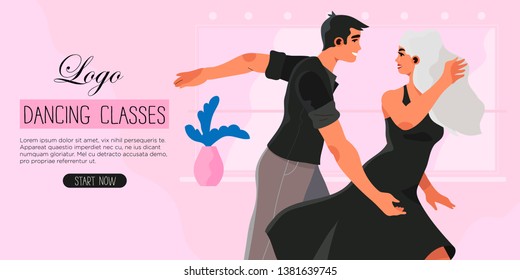 Vector illustration of a dancers at the rehearsal in a dancing studio. Dancing partners practicing new choreography for their solo performance during their dancing classes.