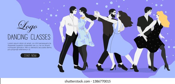 Vector illustration of a dancers at a rehearsal practicing new choreography for the dancing competition. Creative banner, flyer or landing page for a dance studio or ballroom dance classes.