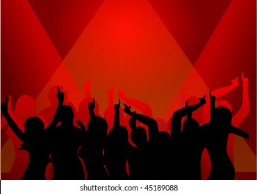 A vector illustration of dancers in silhouette against a red background with spotlights