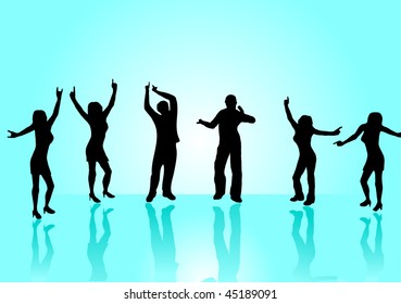 A vector illustration of dancers in silhouette against a light blue background with center highlight