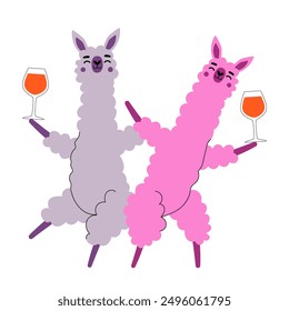 Ilustración vectorial con alpacas bailando sosteniendo las copas de vino. Diseño divertido de la impresión del partido, Plantilla de la decoración de la botella de vino, tarjeta de felicitación de la celebración 