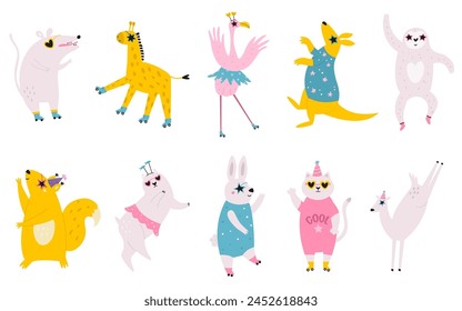 Vector illustration of dancing animals in disco glasses, birthday hats and cool costumes.