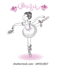 Vector illustration. Dancing ballerina in basic pose isolated on white