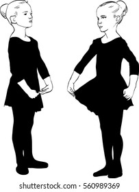Vector illustration of dancing ballerina girl. Black and white graphic. Two isolated figures in static poses.
