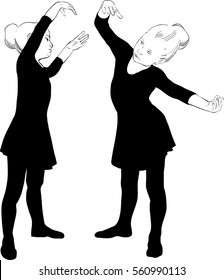 Vector illustration of dancing ballerina girl. Black and white graphic. Two isolated figures, side bending.