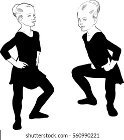 Vector illustration of dancing ballerina girl. Black and white graphic. Two isolated figures in plie poses.