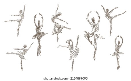 Vector illustration of dancing ballerina in line art style. Set of sketches