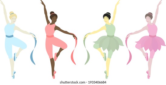 Vector illustration of dancing ballerinas. Prima in tutu skirt ballet costumes and pointe shoes. Girls have different skin colors. Ethnicity (national): African, Asian, Chinese, European. Choreography